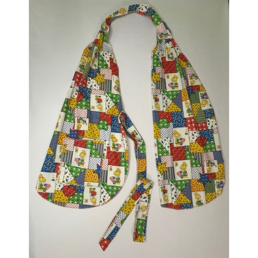 Vtg 70s Split Panel Apron Pocket Multi Patchwork Print Holly Hobbie cottage core